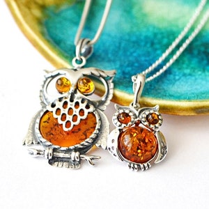 Owl Amber Pendant Necklace, Natural Baltic Amber Jewelry, Sterling silver chain pendant Romantic Jewelry Gift for Her graduation gift image 3