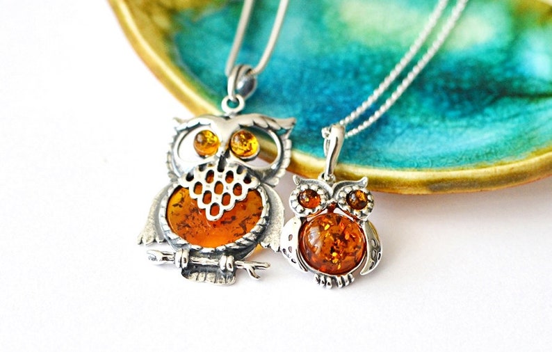 Owl Amber Pendant Necklace, Natural Baltic Amber Jewelry, Sterling silver chain pendant Romantic Jewelry Gift for Her graduation gift image 3