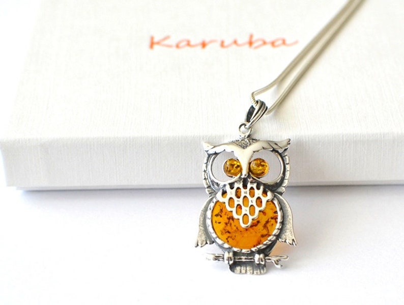 Owl Amber Pendant Necklace, Natural Baltic Amber Jewelry, Sterling silver chain pendant Romantic Jewelry Gift for Her graduation gift image 8