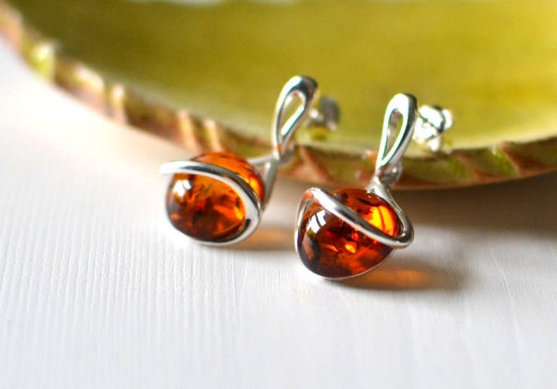 Stud Amber Earrings, Amber Jewelry, Cognac amber Earrings, xmas gift amber jewellery, amber gift