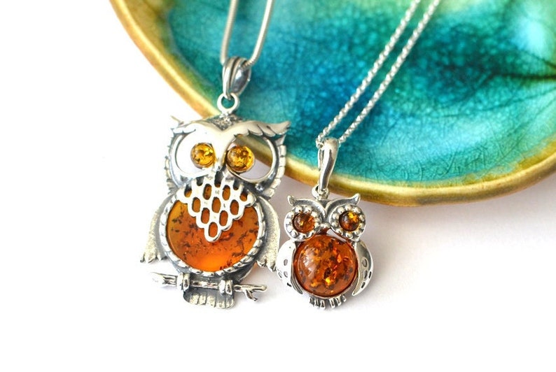 Owl Amber Pendant Necklace, Natural Baltic Amber Jewelry, Sterling silver chain pendant Romantic Jewelry Gift for Her graduation gift image 1