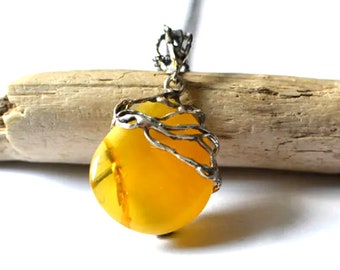 Yellow fossil Necklace, egg yolk resin Pendant with silver Nature stone Jewelry, yellow stone Summer necklace gift for wife necklace for mom