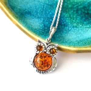 Owl Amber Pendant Necklace, Natural Baltic Amber Jewelry, Sterling silver chain pendant Romantic Jewelry Gift for Her graduation gift image 4