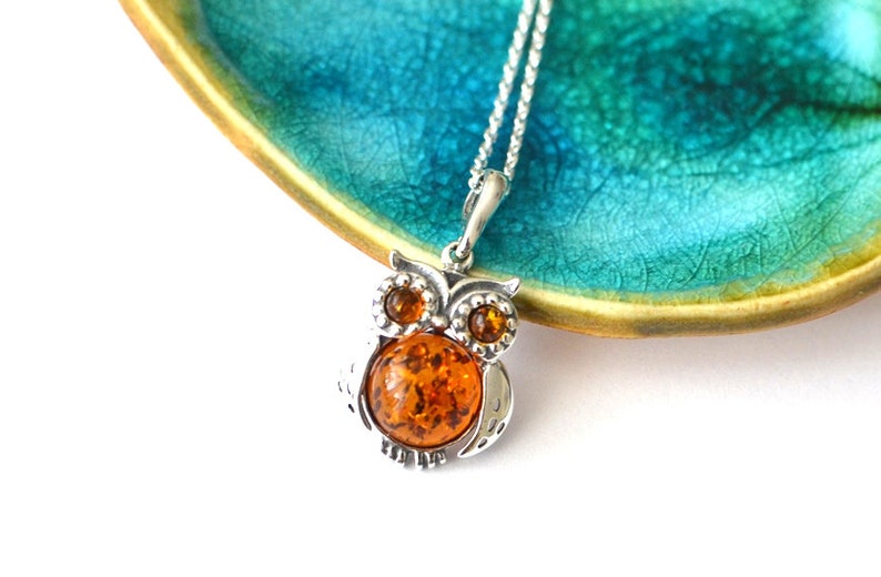 Owl Amber Pendant Necklace, Natural Baltic Amber Jewelry, Sterling silver chain pendant Romantic Jewelry Gift for Her graduation gift image 4