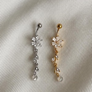 Flower Belly Ring, Floral Curved Barbell, Stainless Steel Navel Piercing, Belly Button Piercing