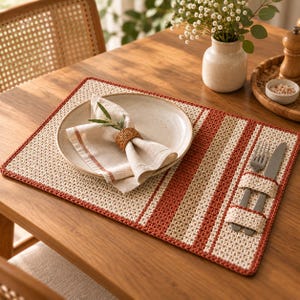 May include: A rectangular crochet placemat featuring a striped pattern in rust orange, beige, and cream. The placemat includes an integrated pocket on the right side holding a silver fork and knife. A ceramic plate with a linen napkin sits on top.