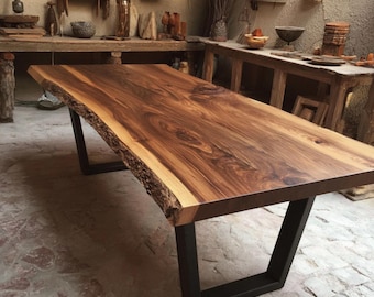 Walnut Slab Dining Table, Solid Wood Handmade Table, Custom Kitchen Furniture, Rustic Modern Dining Table