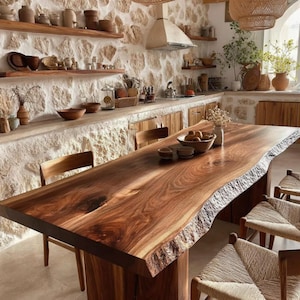 Könnte beinhalten: Ein großer Esstisch aus Holz mit natürlicher Maserung und rauen, rindenartigen Kanten. Der Tisch ist von Holzstühlen mit geflochtenen Sitzen umgeben und steht in einer Küche mit Steinwänden, Holzregalen und verschiedenen Keramikschalen.