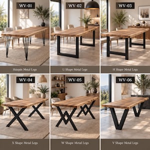 Puede incluir: Una colecci&oacute;n de seis mesas de comedor de madera con bordes naturales y varios dise&ntilde;os de patas de metal negro etiquetadas de WV-01 a WV-06, con soportes de metal en forma de horquilla, U, H, X, W y V para cada mesa.