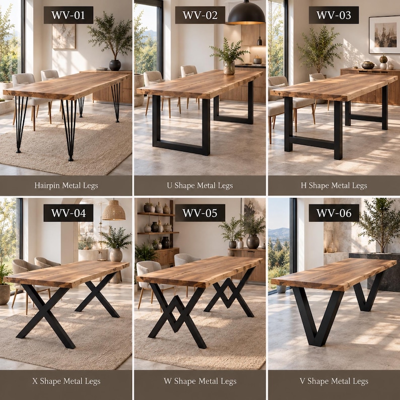 Puede incluir: Una colecci&oacute;n de seis mesas de comedor de madera con bordes naturales y varios dise&ntilde;os de patas de metal negro etiquetadas de WV-01 a WV-06, con soportes de metal en forma de horquilla, U, H, X, W y V para cada mesa.