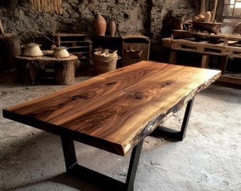 Natural Edge Walnut Dining Table, Handmade Solid Wood Table, Custom Kitchen Furniture, Rustic Wood Table