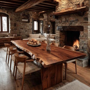 May include: A large rectangular dining table made of dark brown wood with a natural live edge, supported by a solid wooden base. The table is surrounded by several wooden chairs with light beige fabric seats, positioned in a rustic stone room.