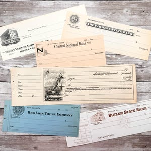 6 cheques antiguos y vintage en blanco diferentes / Cheques auténticos sin usar de las décadas de 1910 a 1960 / Efímeras bancarias antiguas para collage y revistas basura