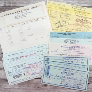 Estratto conto bancario vintage Savannah Bank da 14 pezzi con assegni, ricevute, ricevute di deposito, ecc. / Documenti bancari autentici assortiti degli anni '60 dalla Georgia