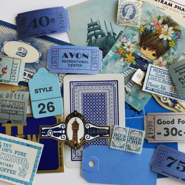 25 pieza papel Vintage azul Mini articles Pack - Kit de pequeña inspiración azul - boletos, tarjetas, cupones - pequeño papel efímero - adorno