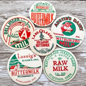 6 Different Vintage Red & Green Milk Caps | Authentic Dairy Lids from the 1940s-1960s | Unused Mid-Century Chipboard Dairy Lids | Christmas