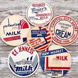 6 Different Vintage Red White & Blue Milk Caps | Authentic Dairy Lids from the 1950s-1960s | Unused Mid-Century Chipboard Dairy Lids | Set B