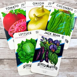 May include: A collection of vintage seed packets featuring illustrations of various vegetables. The packets include images of tomatoes, onions, cucumbers, lettuce, and jack beans. Each packet has a price and the Lone Star Seed Co. logo.