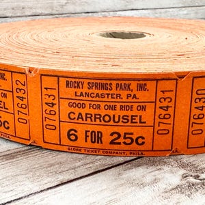 6 Vintage Carrousel Ride Tickets | Authentic 1960s Orange & Black Amusement Park Roll Tickets | Halloween Ephemera for Junk Journals