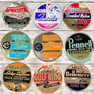 9 Different Vintage Fishing Line Labels | Authentic Unused 1930s & 1940s Fishing Line Labels | Embossed Foil Fly Fishing Line Paper Labels