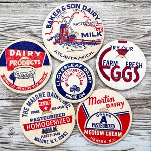 6 Different Vintage Red White & Blue Milk Caps | Authentic Dairy Lids from the 1950s-1960s | Unused Mid-Century Chipboard Dairy Lids | Set A