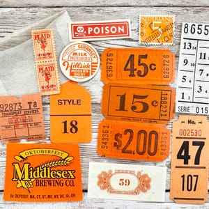 May include: A collection of vintage ephemera, including orange tickets with prices and numbers, a "POISON" label, stamps, and a "Middlesex Brewing Co." advertisement. The items are arranged on a light wood-grain surface.