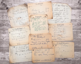 May include: A collection of vintage prescription forms with handwritten notes. The forms are yellowed with age and have a faded, worn look. The forms include the names of pharmacies, dates, and instructions for medication.
