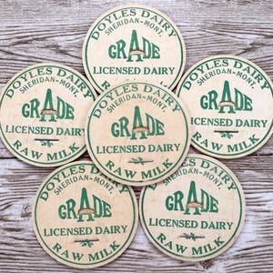 6 Vintage Doyles Dairy Raw Milk Caps | Authentic 1940s Unused Chipboard Dairy Lids from Sheridan, Montana | Old Green WWII Chipboard Caps