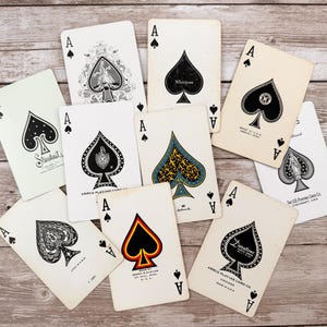 10 verschiedene Original Vintage Pik As Spielkarten aus den 1940s-1970s | Sammelkarten für Junk Journals, Aces of Spades