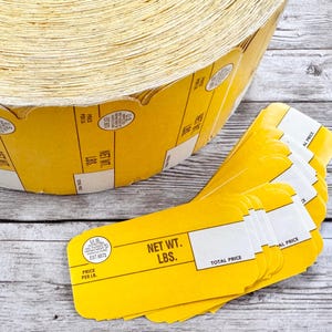 18 étiquettes de boucher jaunes vintage : étiquettes de viande inutilisées des années 1970, éphémères vierges