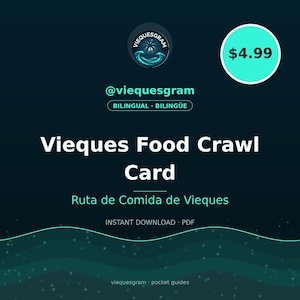 Może przedstawiać: Cyfrowa karta Vieques Food Crawl Card z tekstem Vieques Food Crawl Card oraz Ruta de Comida de Vieques. Projekt zawiera logo @viequesgram, tekst BILINGUAL BILINGÜE oraz etykietę INSTANT DOWNLOAD PDF na ciemnym tle.