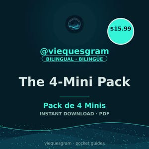 Könnte beinhalten: Eine dunkel-türkisfarbene digitale Grafik mit dem Text @viequesgram BILINGUAL BILINGÜE, The 4-Mini Pack, Pack de 4 Minis und INSTANT DOWNLOAD PDF. Ein kreisförmiges Logo mit einer Palmensilhouette befindet sich über dem Text, mit einem türkisfarbenen Kreis, der $15.99 enthält.