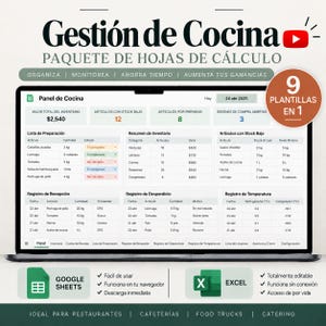 Puede incluir: Un panel de control digital de gestión de cocina en la pantalla de un portátil. La interfaz incluye secciones para inventario, listas de preparación, registros de desperdicios y temperatura, con texto en español y una insignia de 9 plantillas en 1.