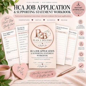 Op de afbeelding: Een digitaal HCA-sollicitatie- en ondersteuningswerkboek in een roségouden en witte kleurstelling. Het document bevat pagina's voor sollicitatieplannen, het ontleden van vacatures en het opbouwen van bewijsmateriaal met tekst en iconen.