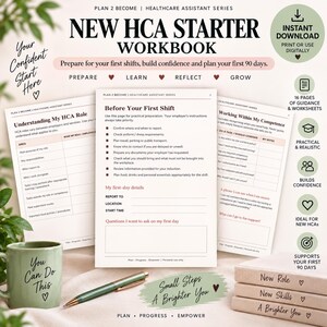 Puede incluir: Un libro de ejercicios New HCA Starter con 16 páginas de orientación y hojas de trabajo. El documento incluye secciones tituladas Understanding My HCA Role, Before Your First Shift y Working Within My Competence. Una taza verde y un bolígrafo.