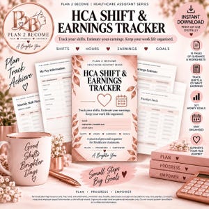 Może przedstawiać: Cyfrowy zestaw planera HCA Shift & Earnings Tracker w kolorze różowego złota i bieli. Zawiera stronę tytułową z motywami liści, ikonami serc i tekstem: HCA Shift & Earnings Tracker, Plan 2 Become, A Brighter You. Zawiera arkusze do planowania pracy.