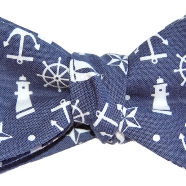 Bow Tie Logic Navy Blue Anchors Lighthouses and Wheels on Cotton Self Tie Bow Tie
