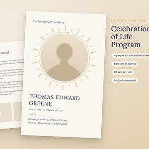 Puede incluir: Una plantilla de programa para una celebración de la vida con fondo color crema y texto oscuro. La portada muestra un marcador de posición circular central para fotos rodeado de rayos de sol, el nombre Thomas Edward Greene y los detalles.