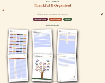 Thanksgiving Gratitude Journal Printable, Dinner Planner, 30-Day Challenge, Menu, Guest List, Kids