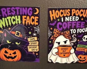 Funny Halloween Fridge Magnets Set of 2, Resting Witch Face Magnet, Hocus Pocus Coffee Magnet, Witch Lover Gift