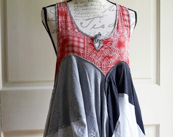 Lagenlook- Tank, Tunique d’été, Tunique tank, Top d’été, Medium, Tunique rouge, Vêtements recyclés, Vêtements recyclés