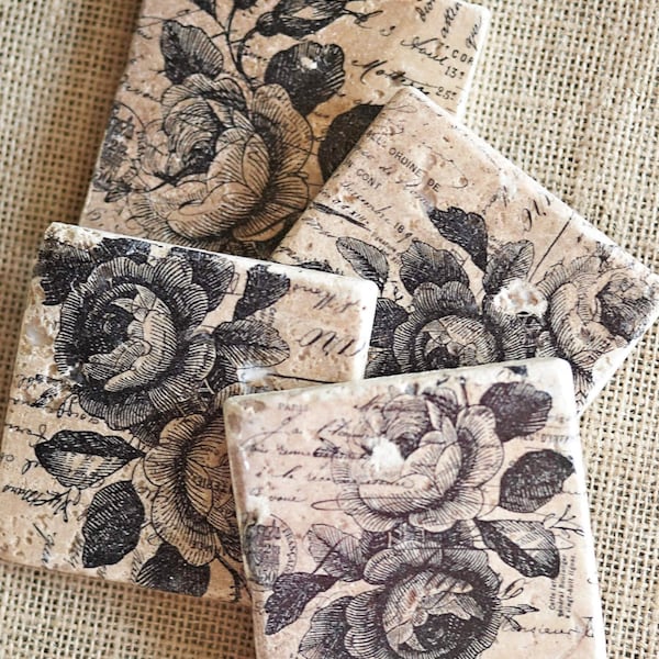 Rose Gift- Shabby Chic Coaster, Rose Decor, Flower Coaster, Rustico, Flower Decor, Flower Tile, Rose Tile, French Country Decor, Cottage Gift