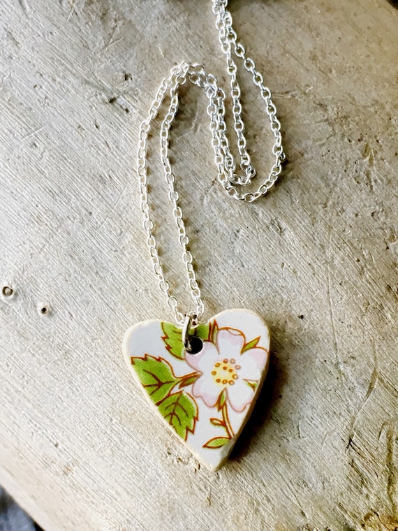 Porcelain Necklace- Heart Pendant, Hand Cut Porcelain, Handmade Jewelry,  Flower Jewelry, Heart Necklace, Sterling Silver Necklace, Silver