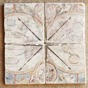May include: Set of four square coasters featuring an antique world map design with a compass rose and nautical details. The coasters are made of ceramic and have a distressed, vintage look.