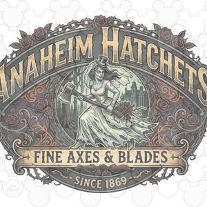 May include: A graphic illustration featuring the text ANAHEIM HATCHETS and FINE AXES & BLADES SINCE 1869. The design depicts a figure in a wedding dress and top hat holding a hatchet, surrounded by roses and a dark forest scene with a building.