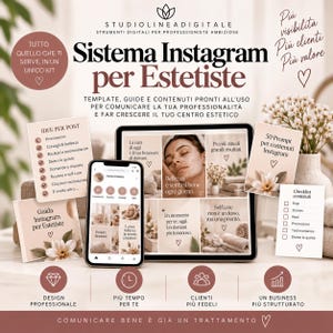 May include: A digital marketing kit for beauty professionals featuring a tablet and smartphone displaying Instagram templates. The text includes 'Sistema Instagram per Estetiste', 'Guida Instagram per Estetiste', and '50 Prompt per contenuti Instagram' with various checklists and icons.