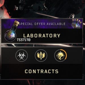 Peut inclure: Un panneau d'interface numérique avec une bannière violette portant le texte SPECIAL OFFER AVAILABLE et une icône de bouteille. En dessous, le mot LABORATORY est affiché avec le nombre 7337170. Une seconde section montre trois icônes et CONTRACTS.