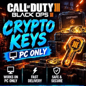 Puede incluir: Un gráfico digital para Call of Duty Black Ops III con el texto CRYPTO KEYS PC ONLY. La imagen muestra llaves naranjas brillantes y cajas de suministros metálicas con la etiqueta CRYPTOKEY. Los iconos indican PC ONLY, FAST DELIVERY y SAFE & SECURE.
