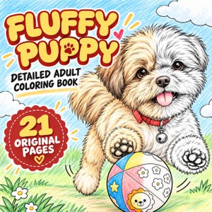Fluffy Puppy Adult Coloring Book | 21 Detailed Dog Scenes (Digital Download)