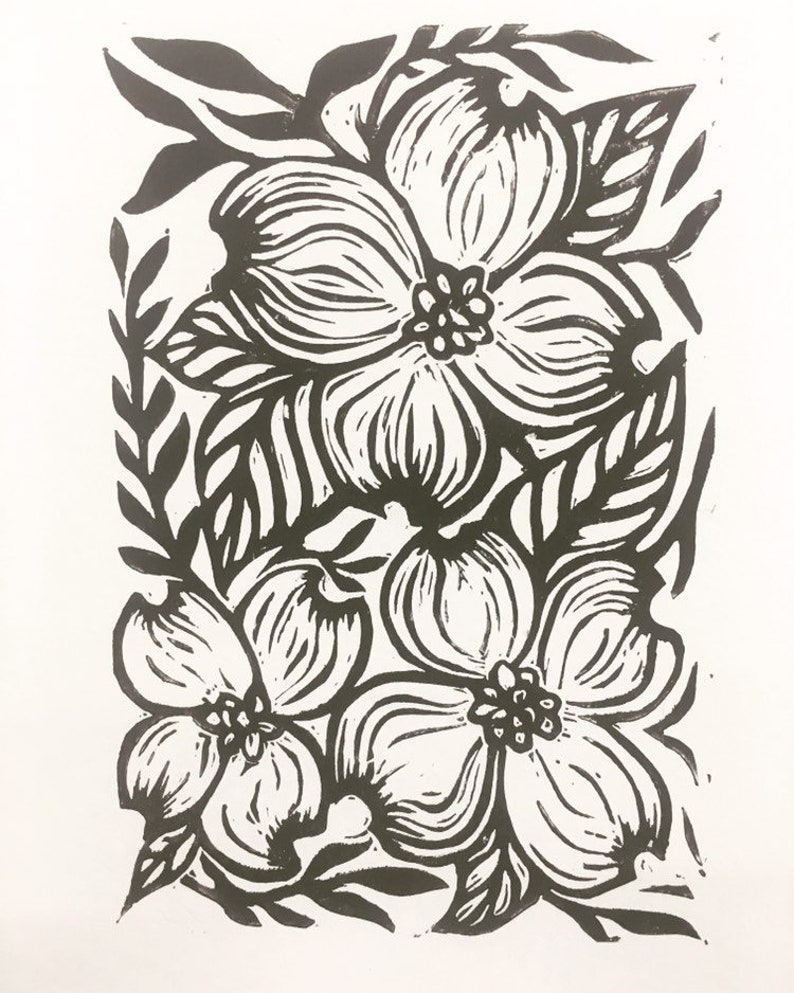 Dogwood flowers linoleum block print black and white | Etsy